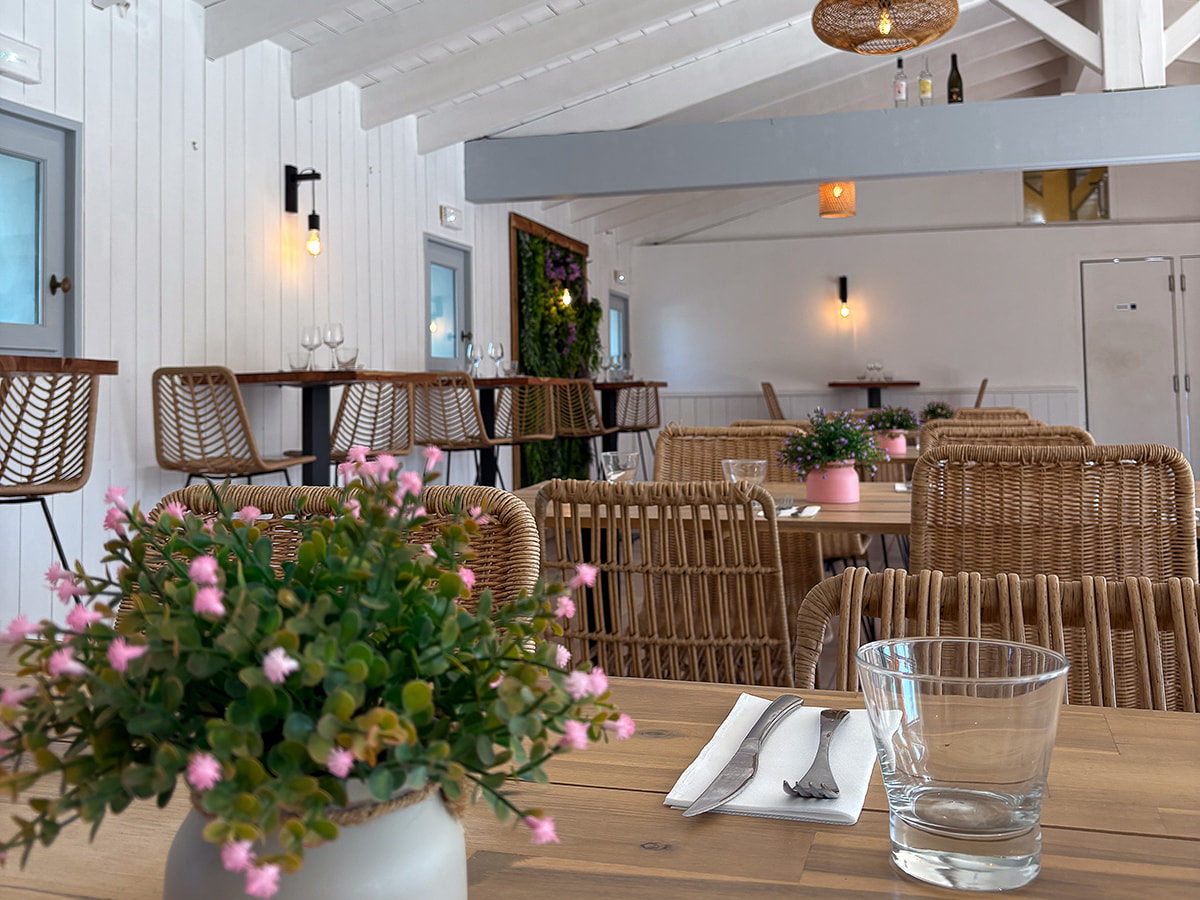 Intérieur de restaurant avec chaises en osier et plantes